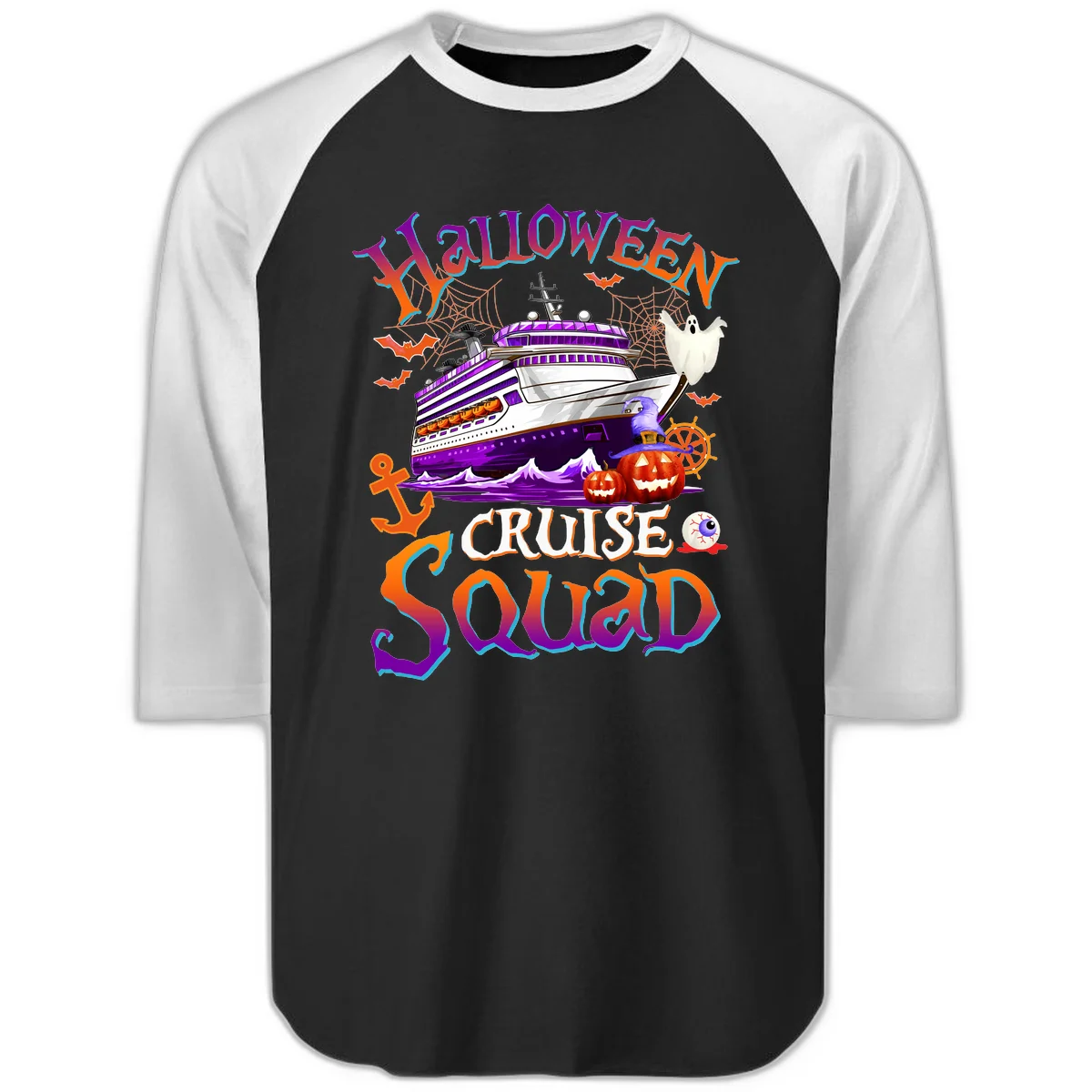 Halloween Cruise Squad Raglan 3/4 in Black White
