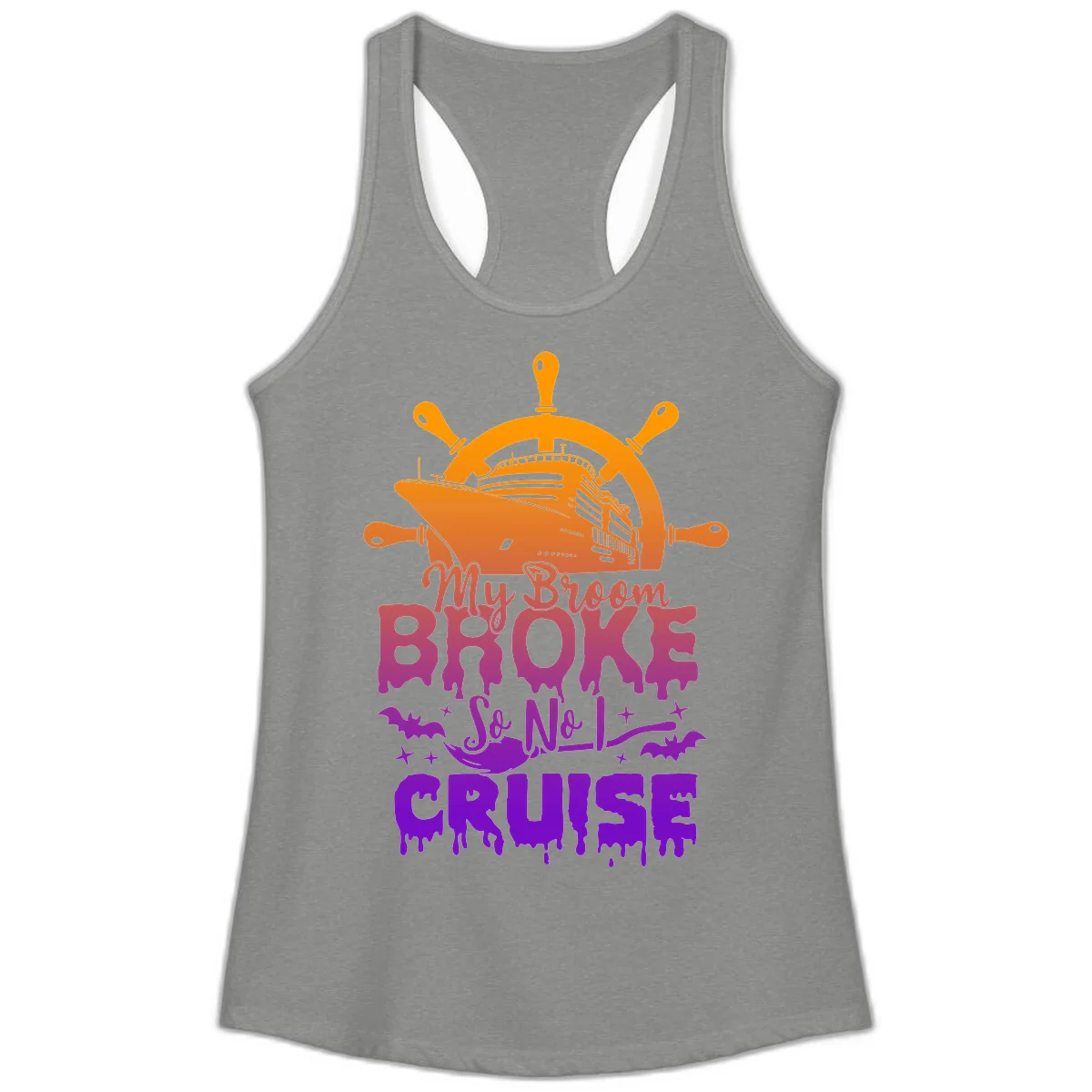 My Broom So No I Cruise Halloween Ladies Tank in Heather Grey