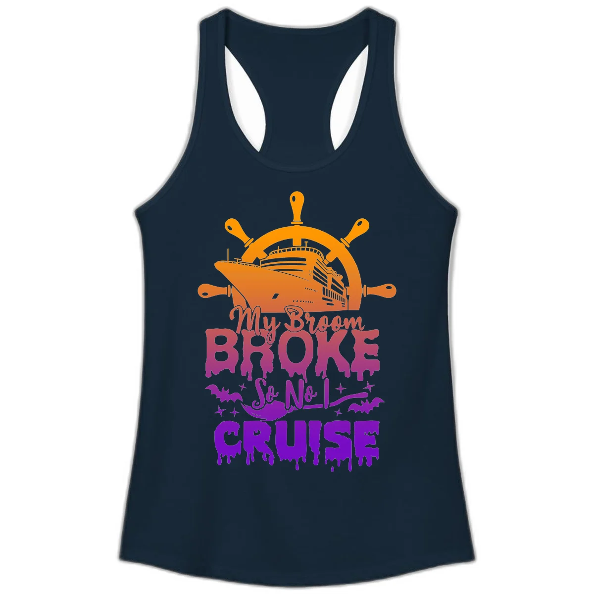 My Broom So No I Cruise Halloween Ladies Tank in Solid Midnight Navy