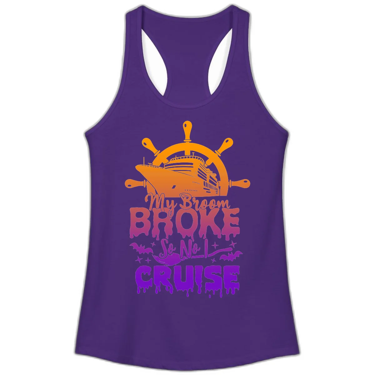 My Broom So No I Cruise Halloween Ladies Tank in Solid Purple Rush