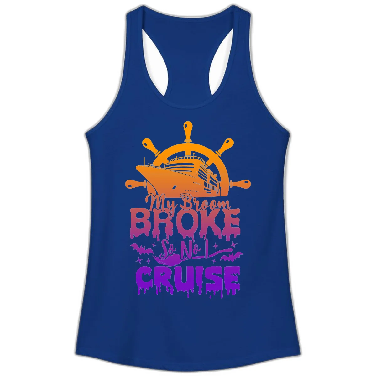 My Broom So No I Cruise Halloween Ladies Tank in Solid Royal