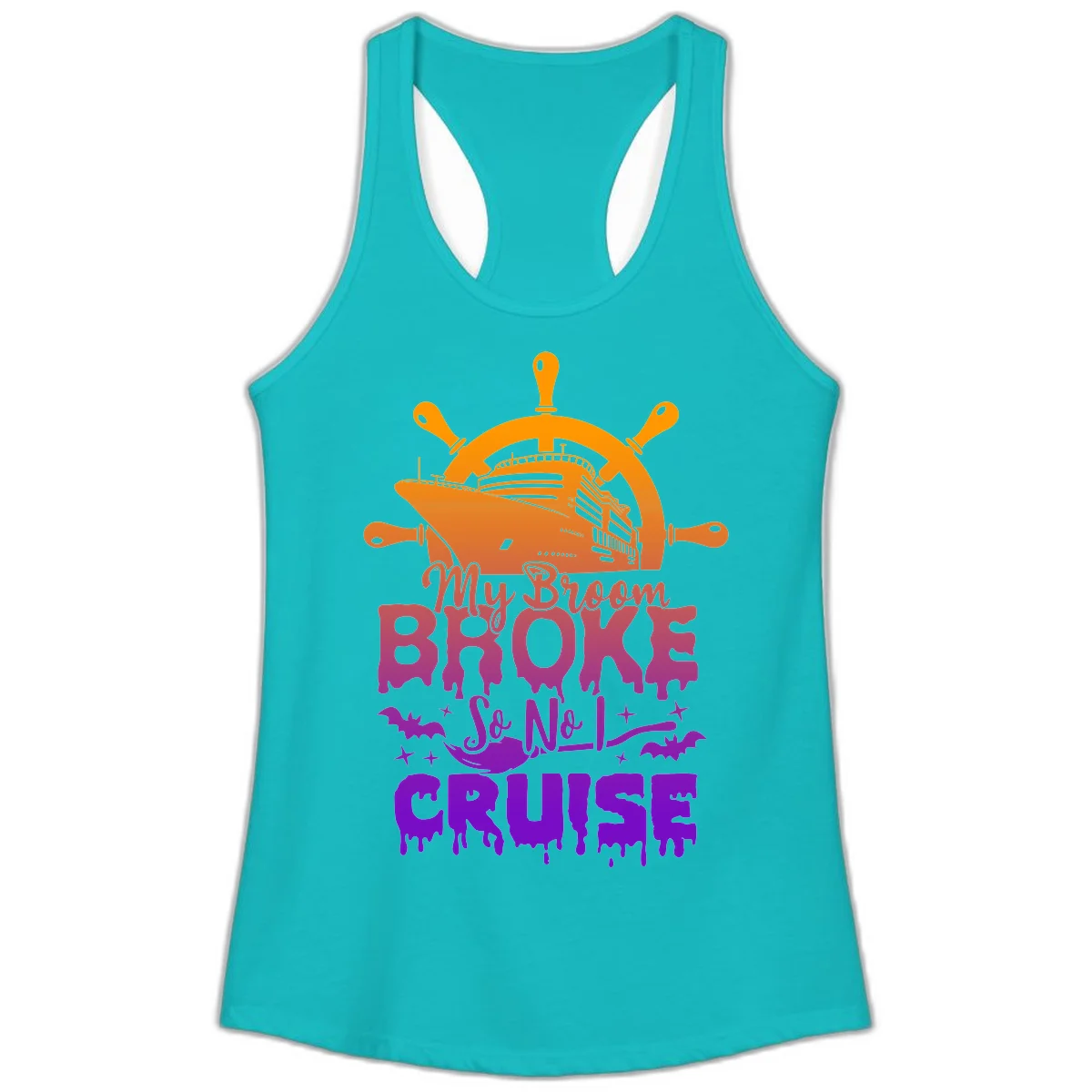 My Broom So No I Cruise Halloween Ladies Tank in Tahiti Blue