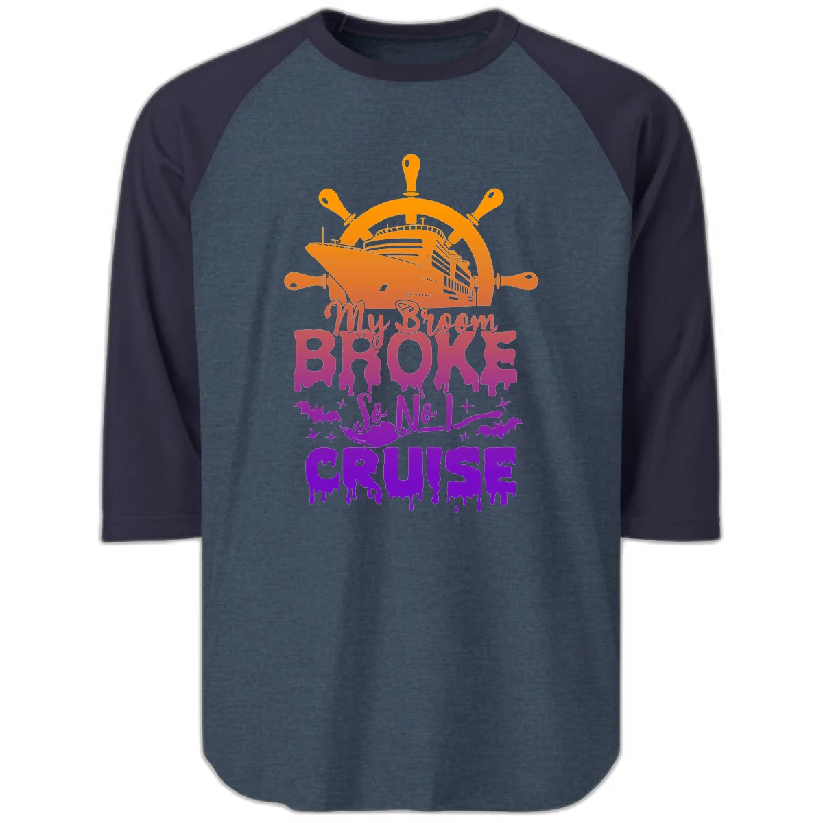 My Broom So No I Cruise Baseball Raglan Tee in Heather Denim Navy