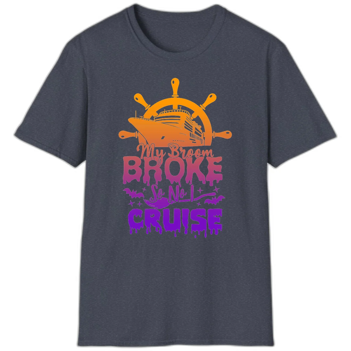 My Broom So No I Cruise Halloween Vacation T-Shirt in Heather Navy