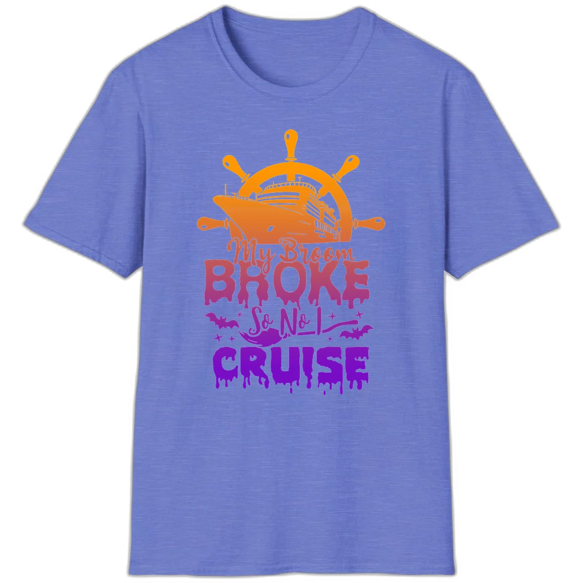 My Broom So No I Cruise Halloween Vacation T-Shirt in Heather Royal