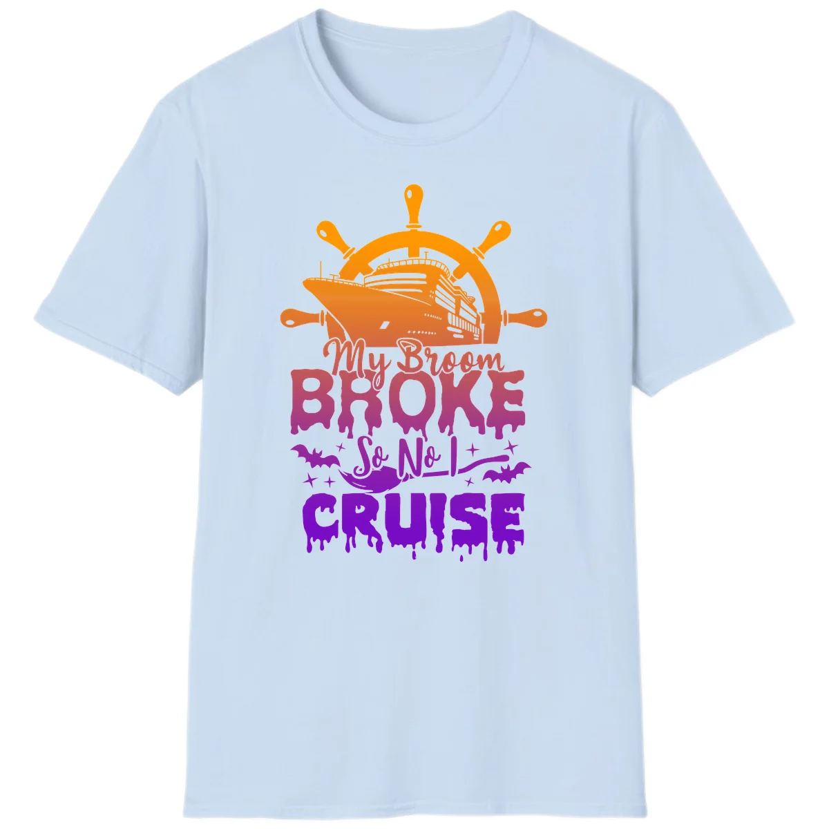 My Broom So No I Cruise Halloween Vacation T-Shirt in Light Blue
