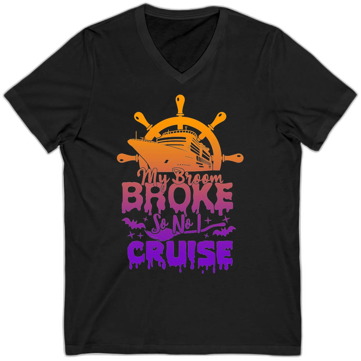 My Broom So No I Cruise Halloween V-Neck Tee in Black