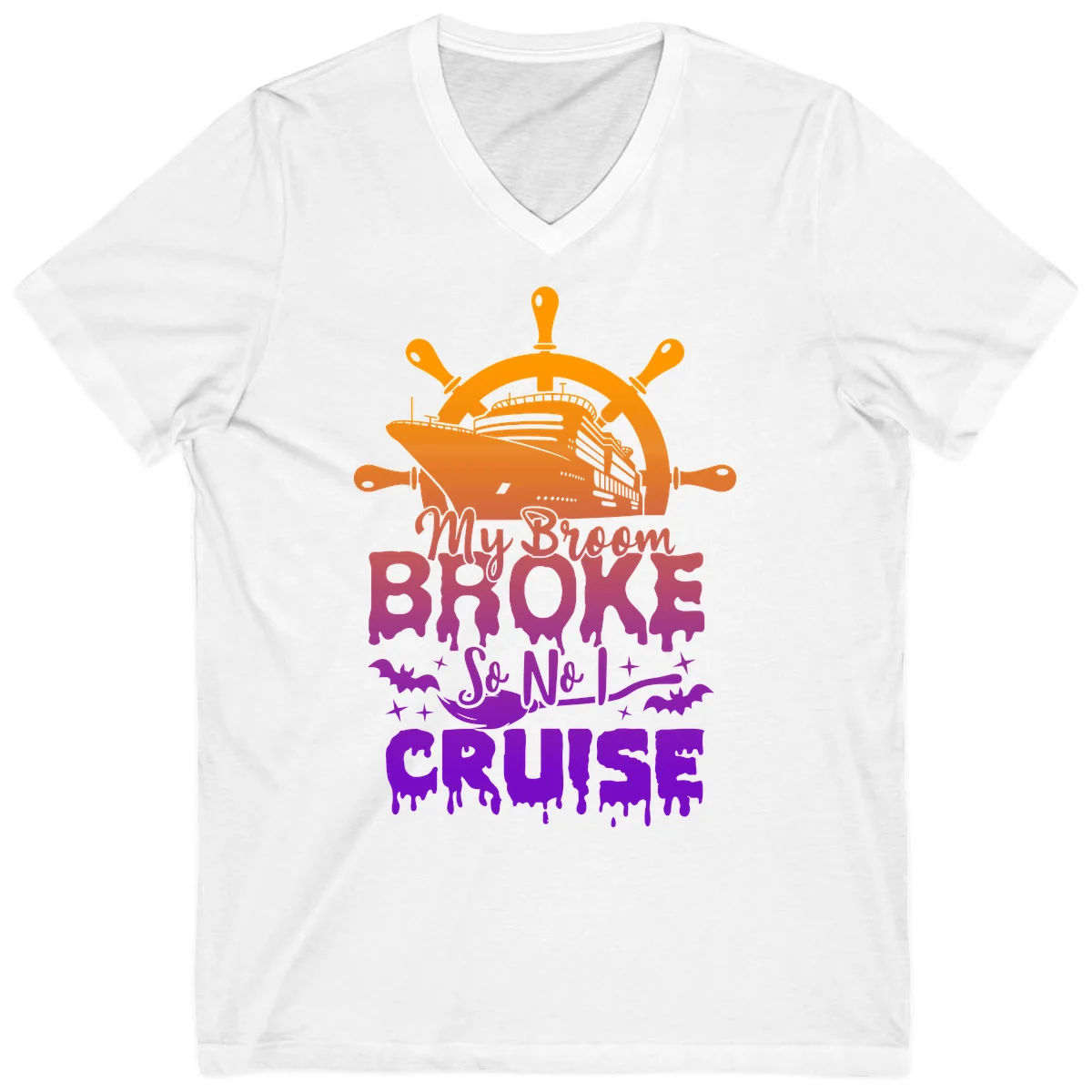 My Broom So No I Cruise Halloween V-Neck Tee in White