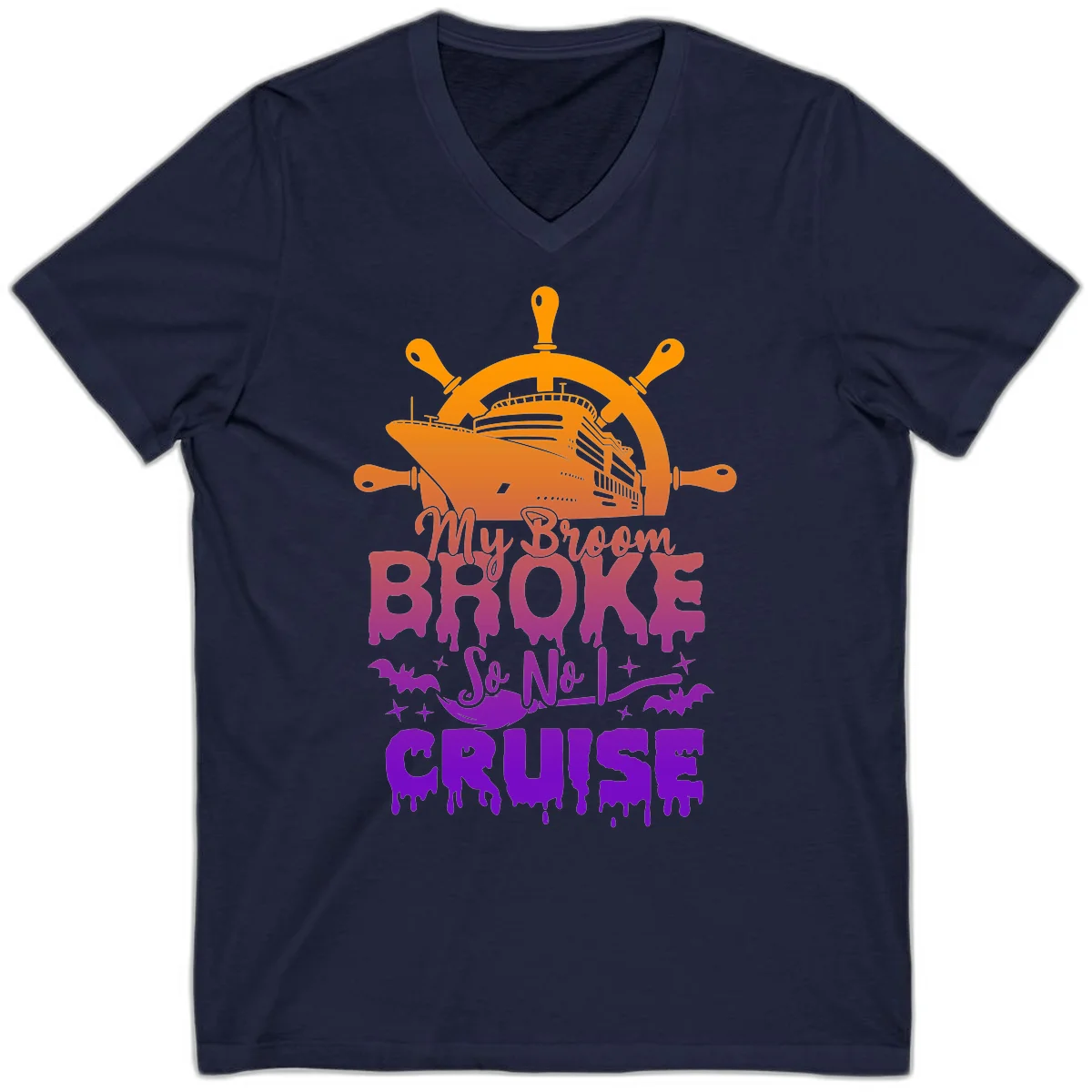 My Broom So No I Cruise Halloween V-Neck Tee in Navy