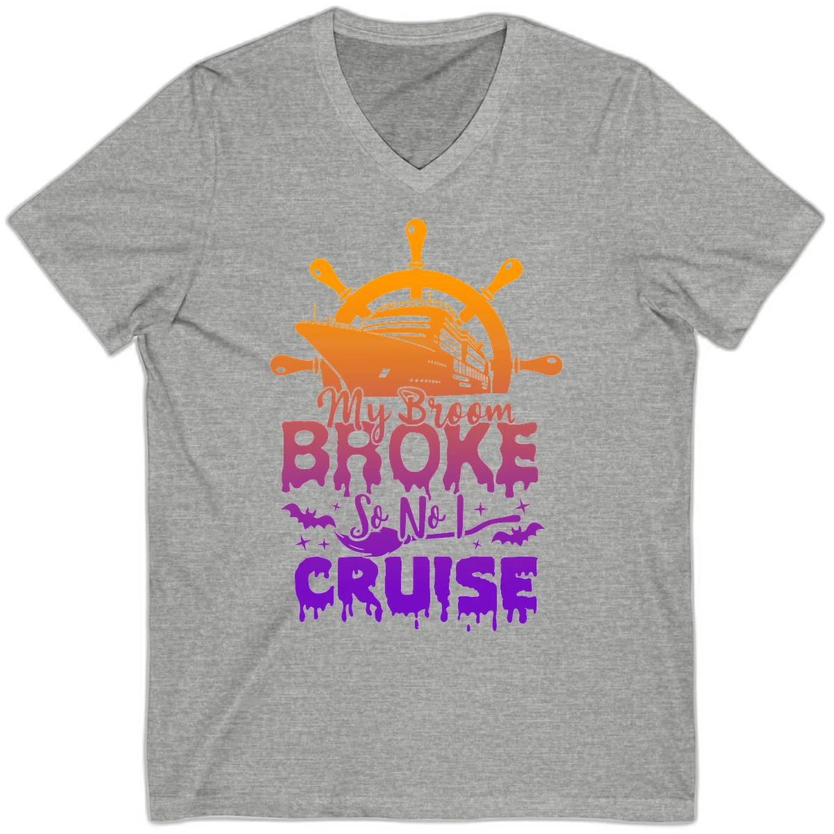 My Broom So No I Cruise Halloween V-Neck Tee in Athletic Heather