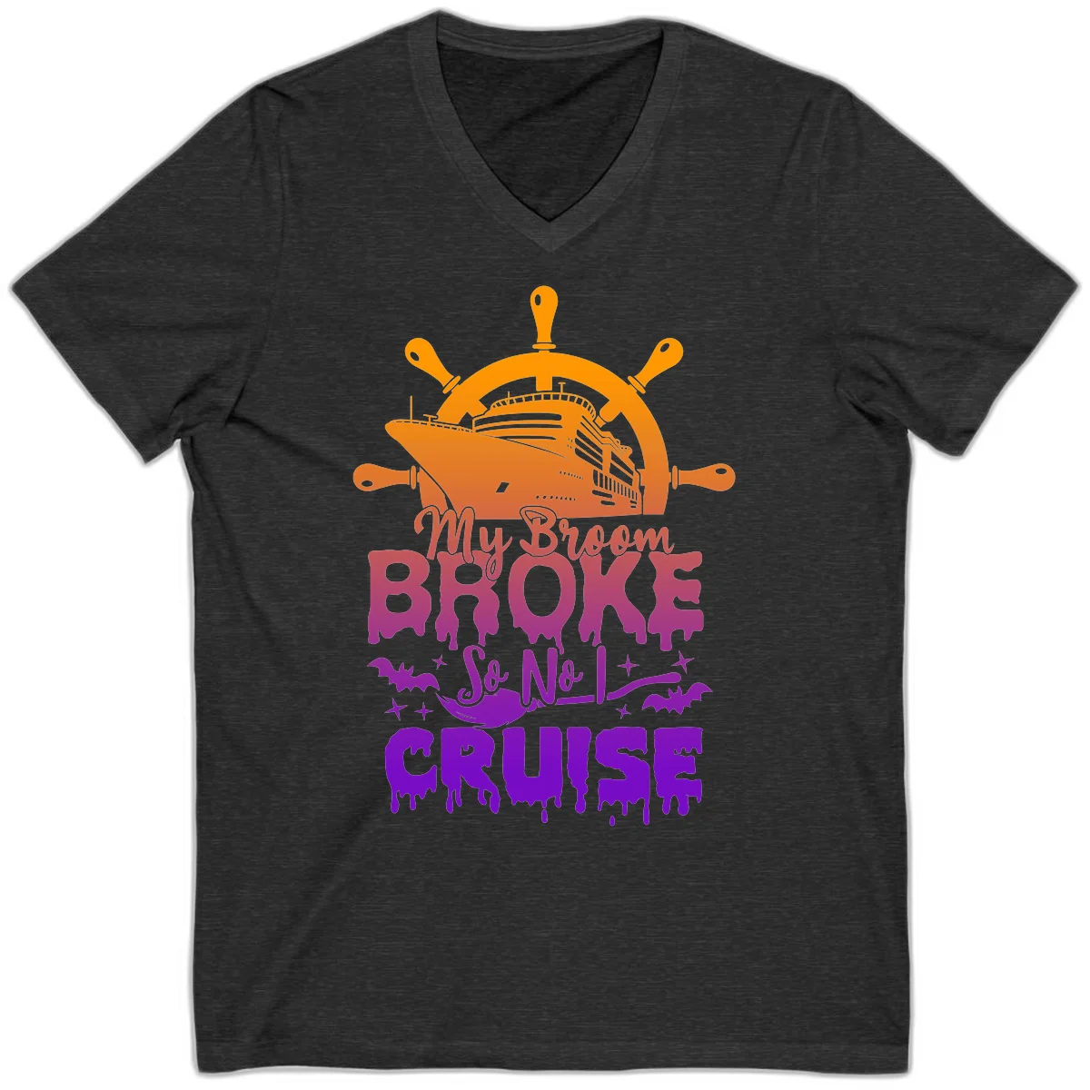 My Broom So No I Cruise Halloween V-Neck Tee in Dark Grey Heather