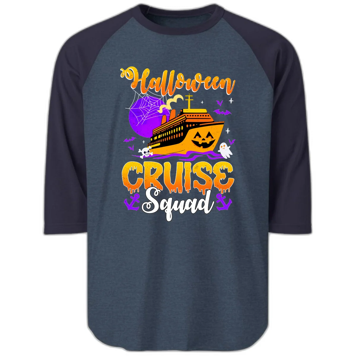 Halloween Cruise Squad Raglan 3/4 in Heather Denim Navy