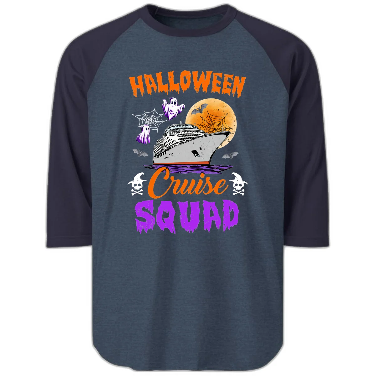 Halloween Cruise Squad Raglan 3/4 in Heather Denim Navy