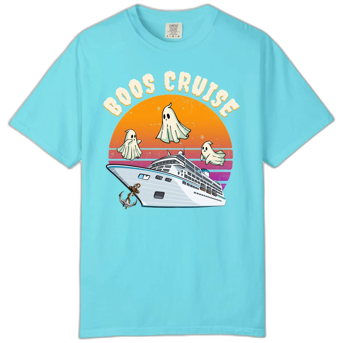Boo Cruise Ship Ghost Halloween Comfort Color Tee in Lagoon Blue