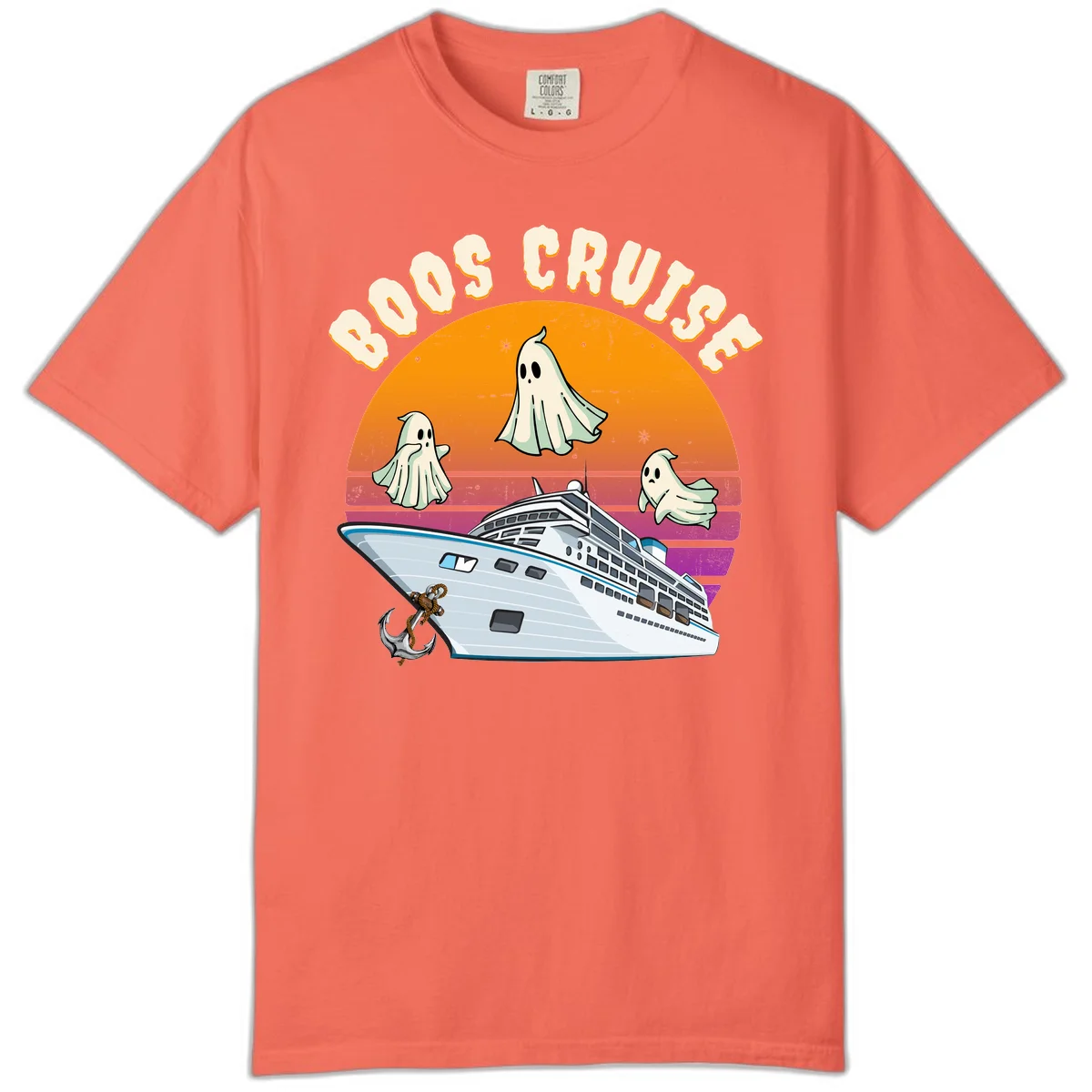 Boo Cruise Ship Ghost Halloween Comfort Color Tee in Bright Salmon
