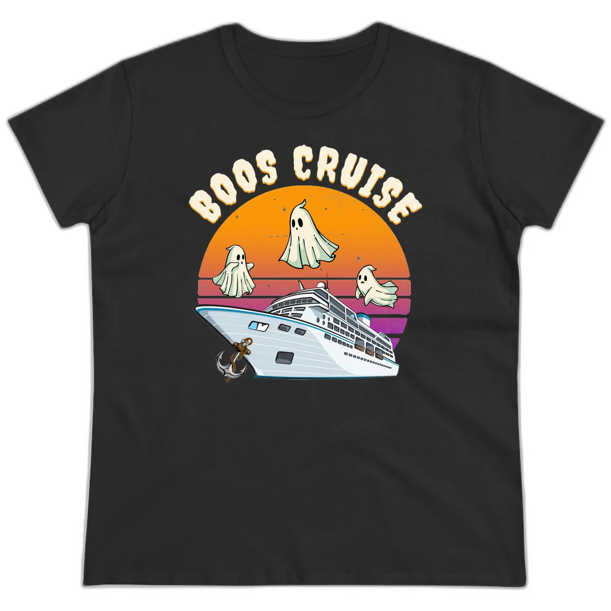 Boo Cruise Ship Ghost Halloween Ladies Tee in Black