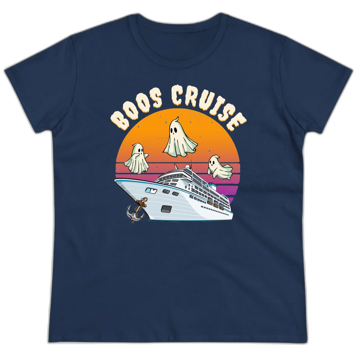 Boo Cruise Ship Ghost Halloween Ladies Tee in Navy