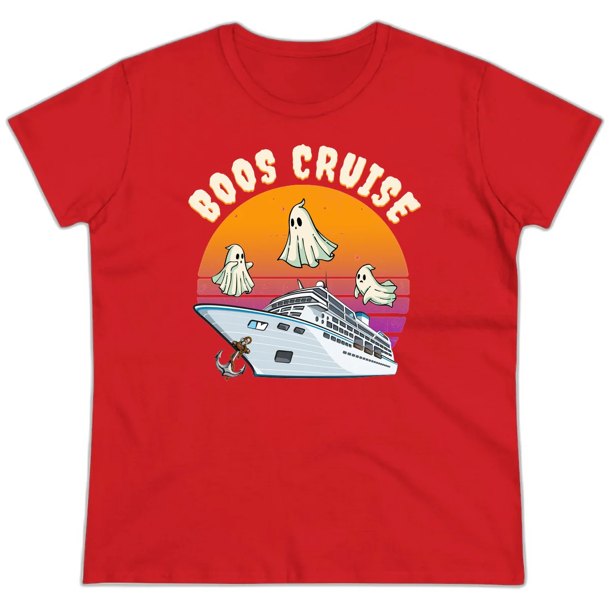 Boo Cruise Ship Ghost Halloween Ladies Tee in Red