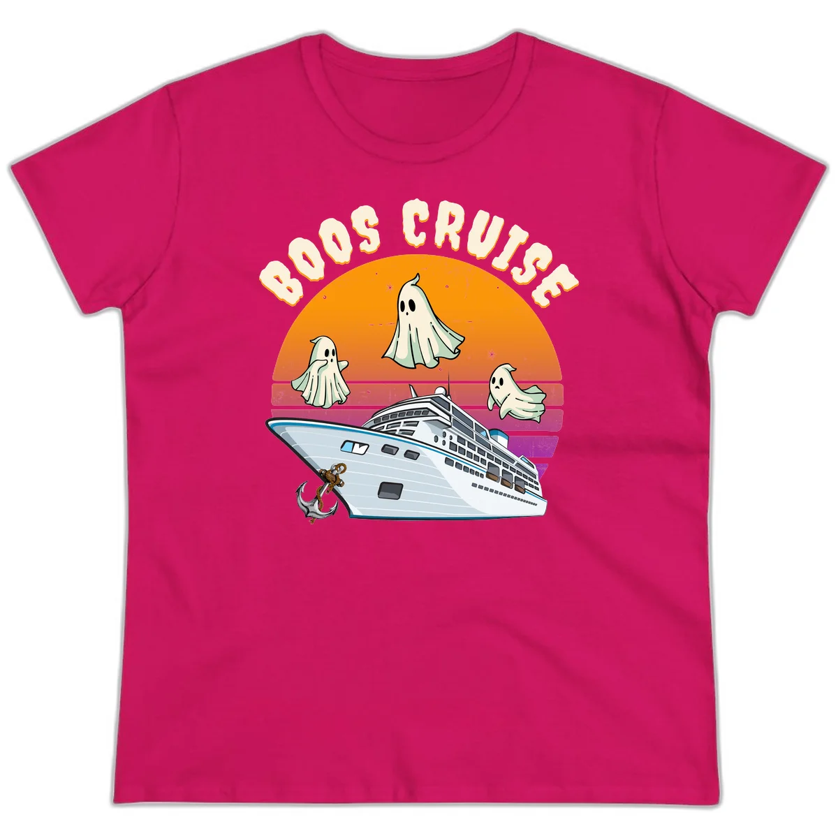 Boo Cruise Ship Ghost Halloween Ladies Tee in Heliconia
