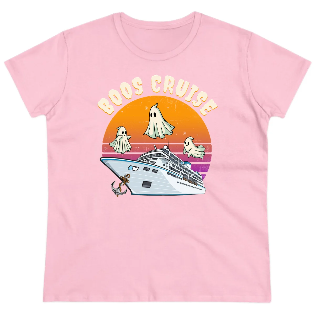 Boo Cruise Ship Ghost Halloween Ladies Tee in Light Pink