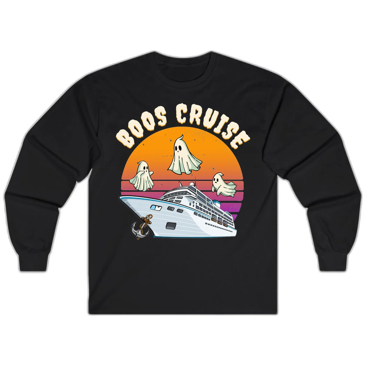 Boo Cruise Ship Ghost Halloween Long Sleeve Tee in Black