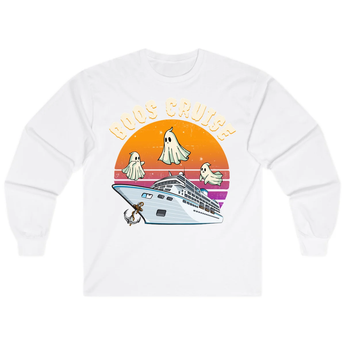 Boo Cruise Ship Ghost Halloween Long Sleeve Tee in White