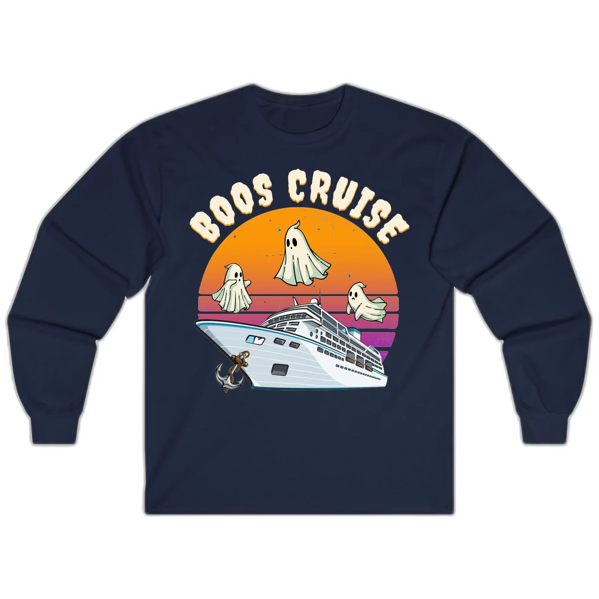 Boo Cruise Ship Ghost Halloween Long Sleeve Tee in Navy