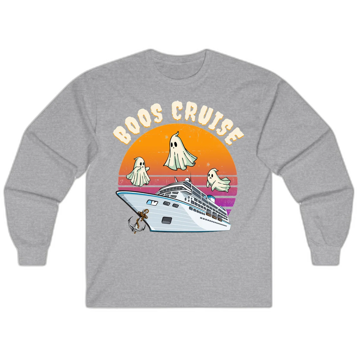 Boo Cruise Ship Ghost Halloween Long Sleeve Tee in Sport Grey
