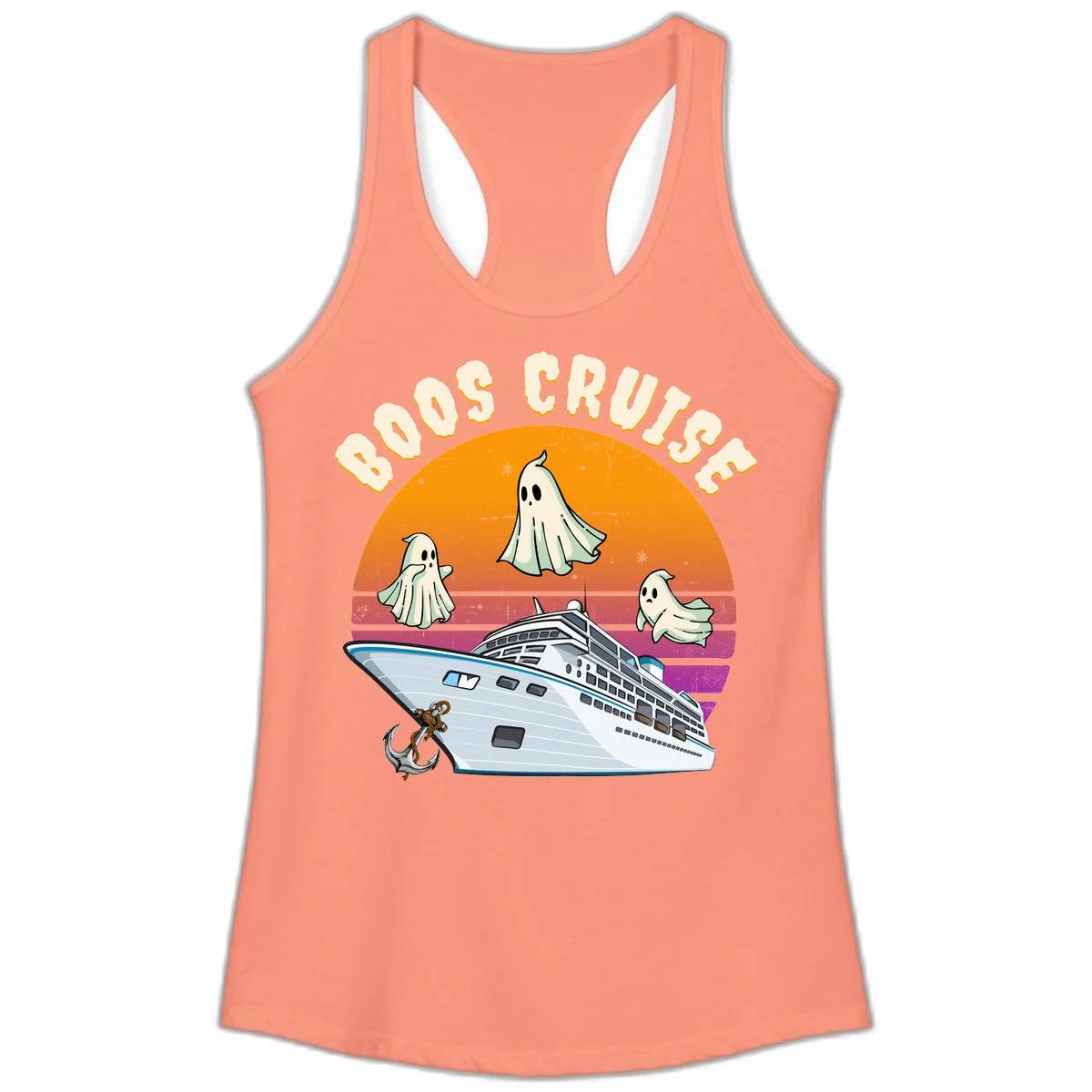 Boo Cruise Ship Ghost Halloween Ladies Tank in Solid Light Orange