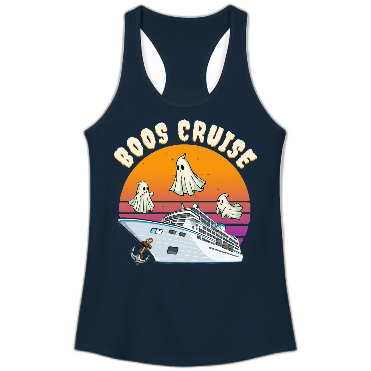 Boo Cruise Ship Ghost Halloween Ladies Tank in Solid Midnight Navy