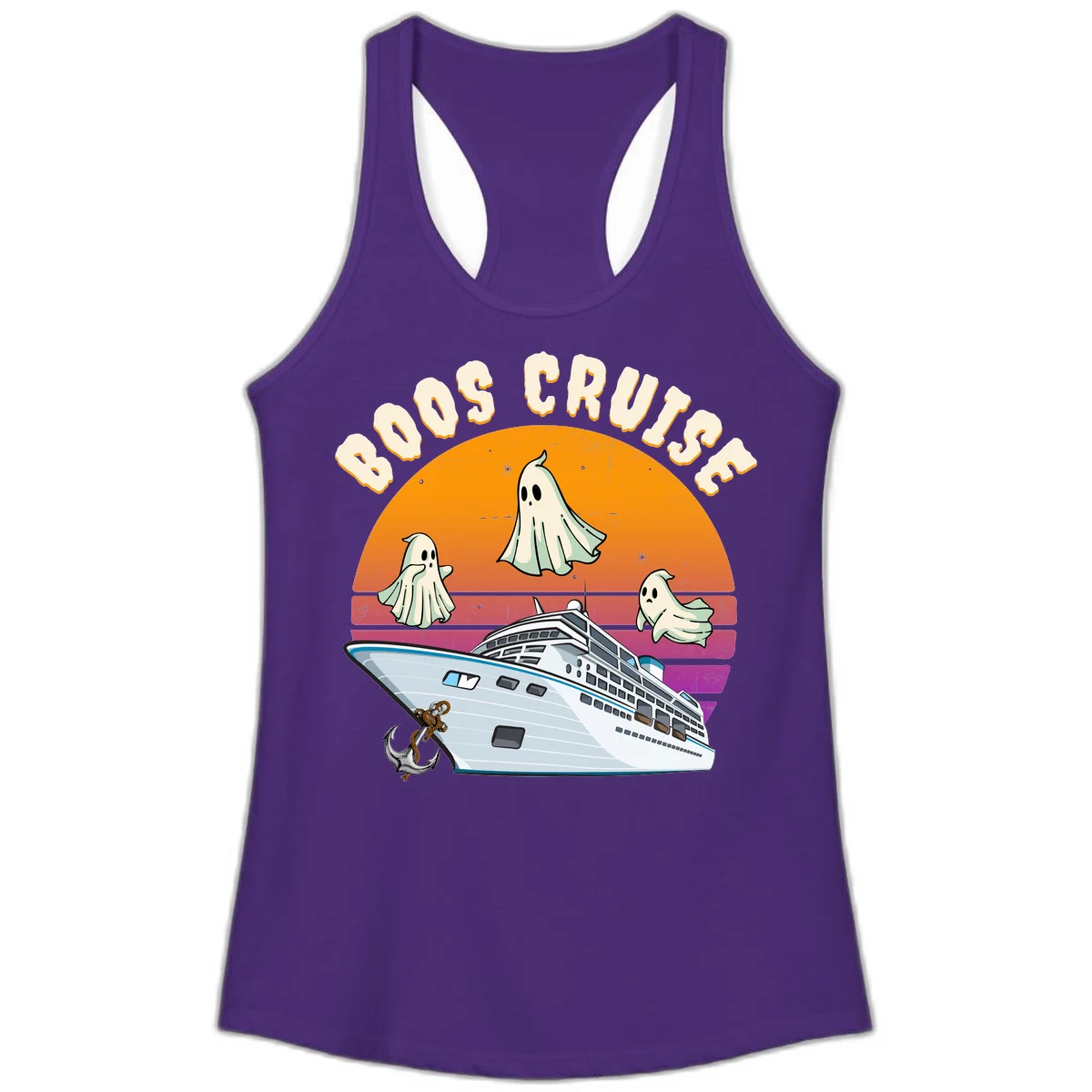 Boo Cruise Ship Ghost Halloween Ladies Tank in Solid Purple Rush