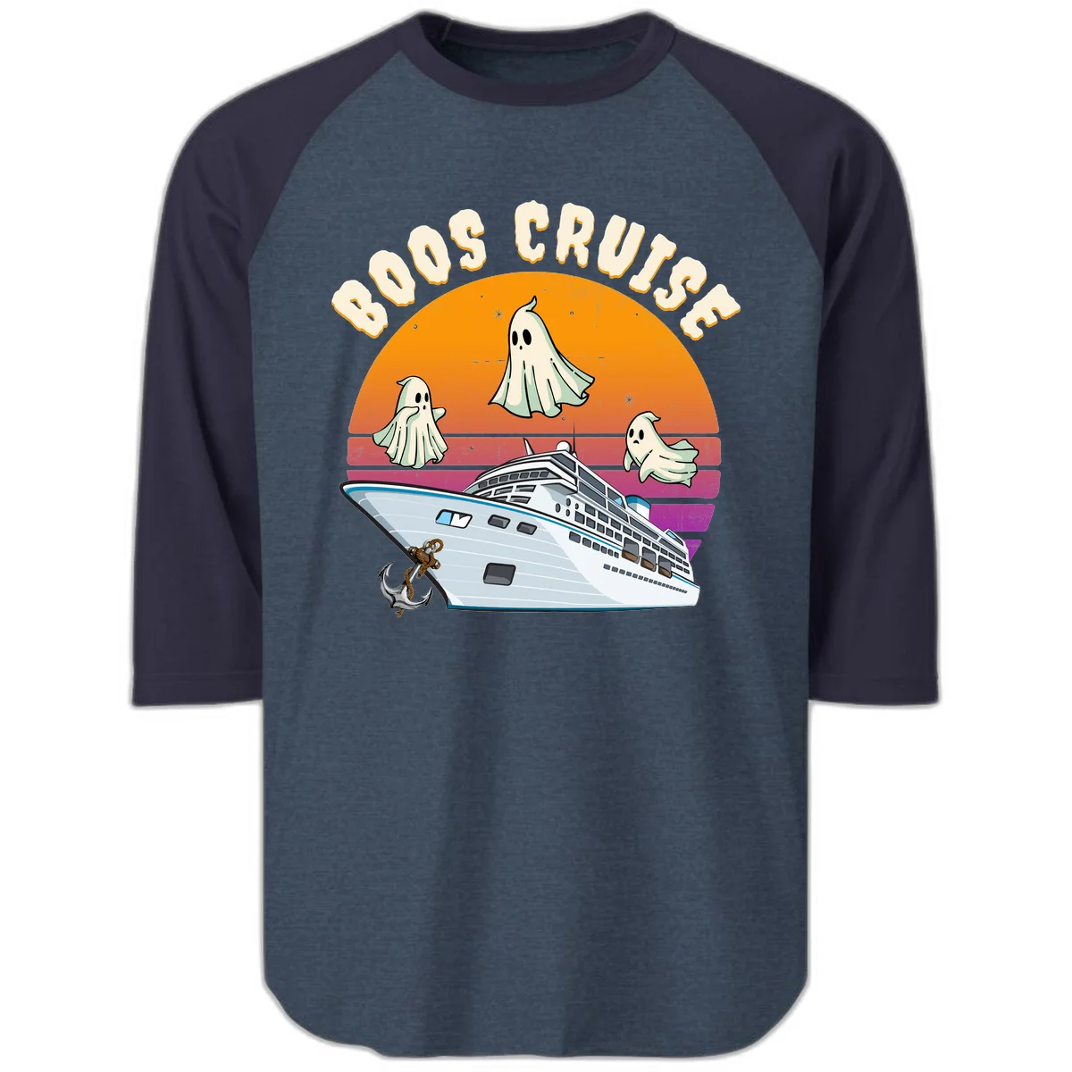 Boo Cruise Ship Ghost Halloween Raglan 3/4 Tee in Heather Denim Navy