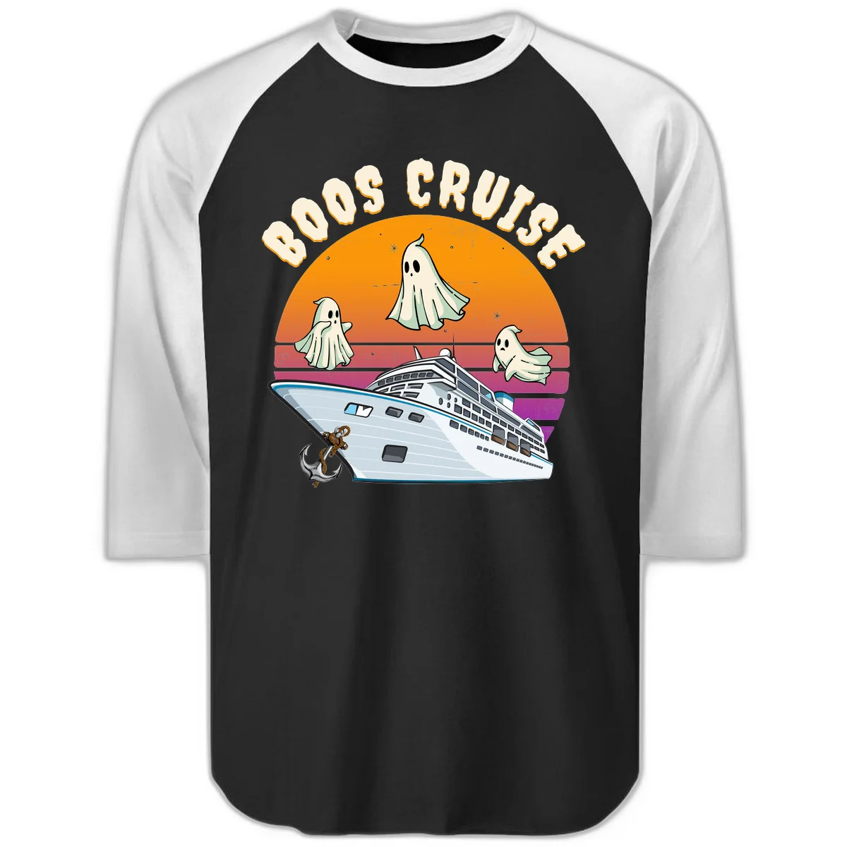 Boo Cruise Ship Ghost Halloween Raglan 3/4 Tee in Black White