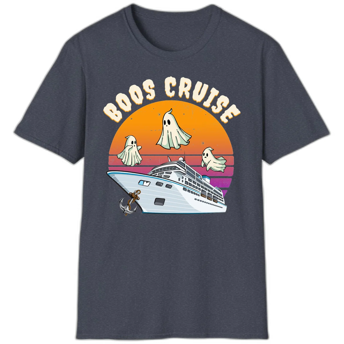 Boo Cruise Ship Ghost Halloween Vacation T-Shirt in Heather Navy
