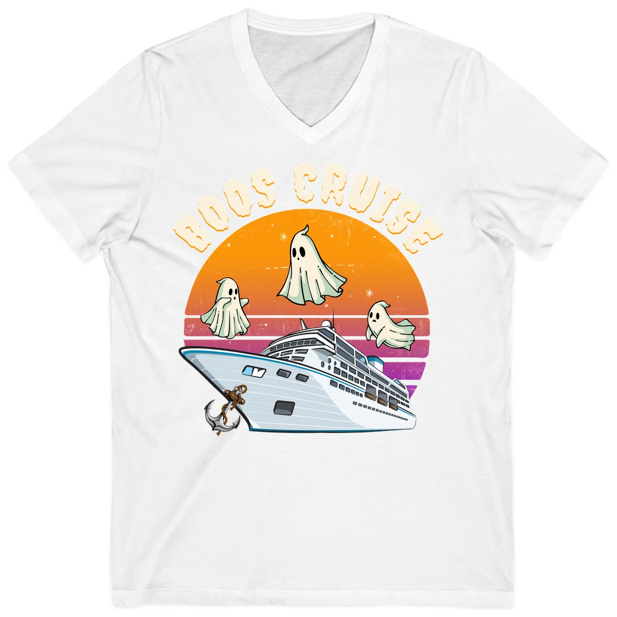 Boo Cruise Ship Ghost Halloween V-Neck Tee in White