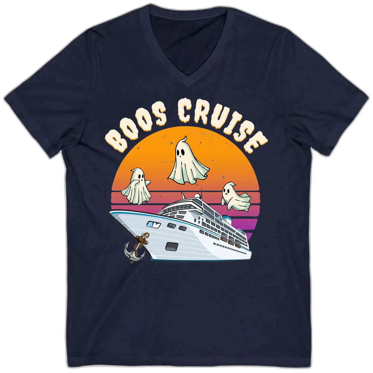 Boo Cruise Ship Ghost Halloween V-Neck Tee in Navy