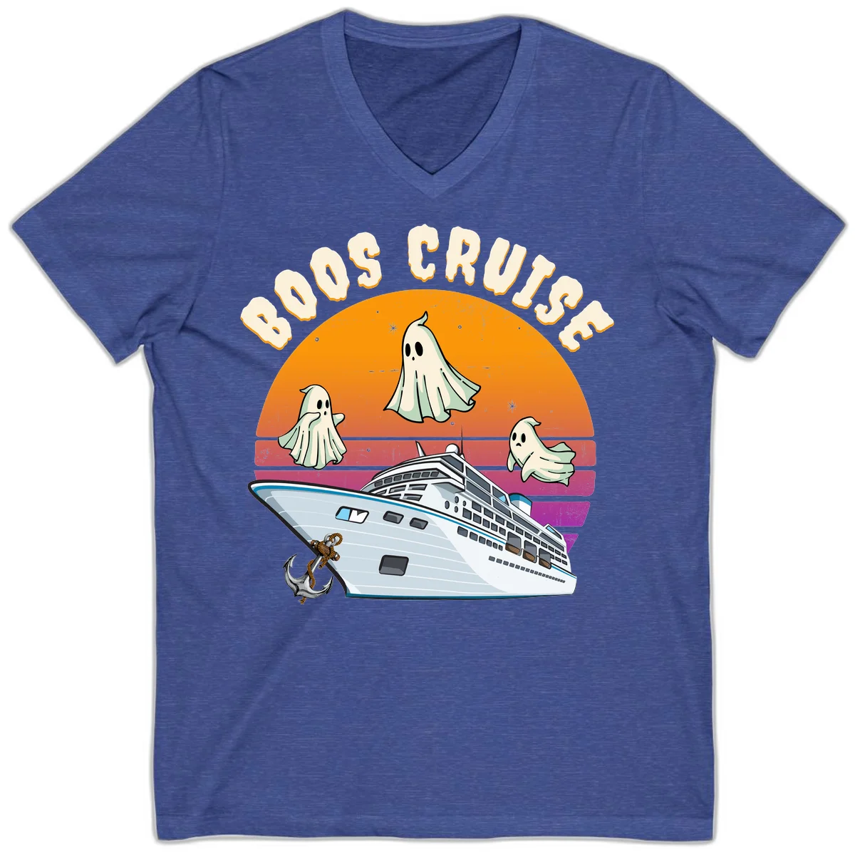 Boo Cruise Ship Ghost Halloween V-Neck Tee in Heather True Royal