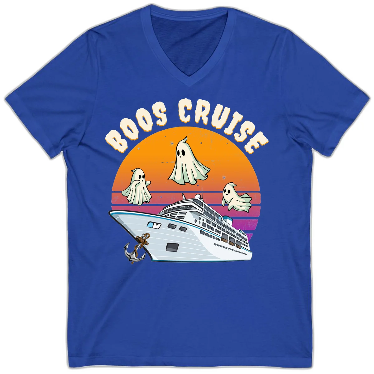 Boo Cruise Ship Ghost Halloween V-Neck Tee in True Royal