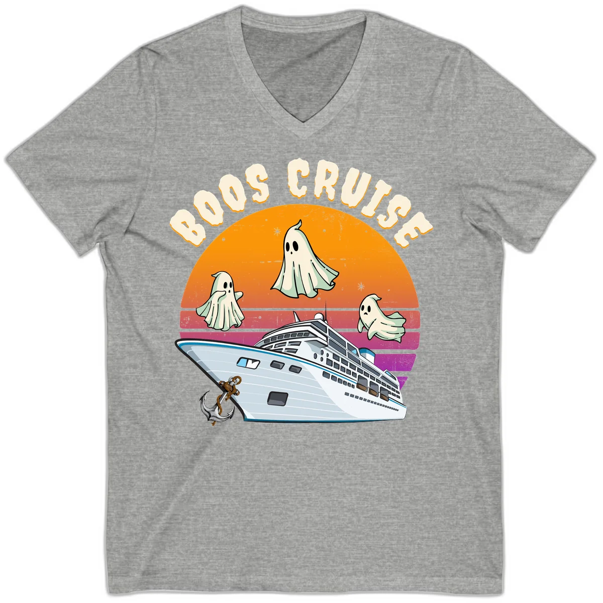 Boo Cruise Ship Ghost Halloween V-Neck Tee in Athletic Heather