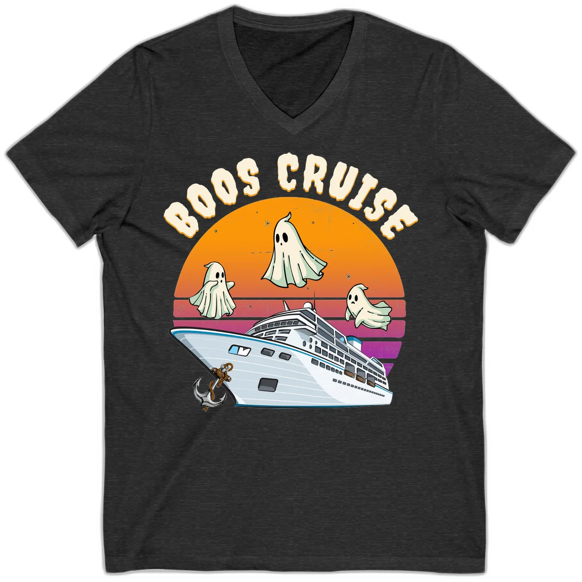 Boo Cruise Ship Ghost Halloween V-Neck Tee in Dark Grey Heather