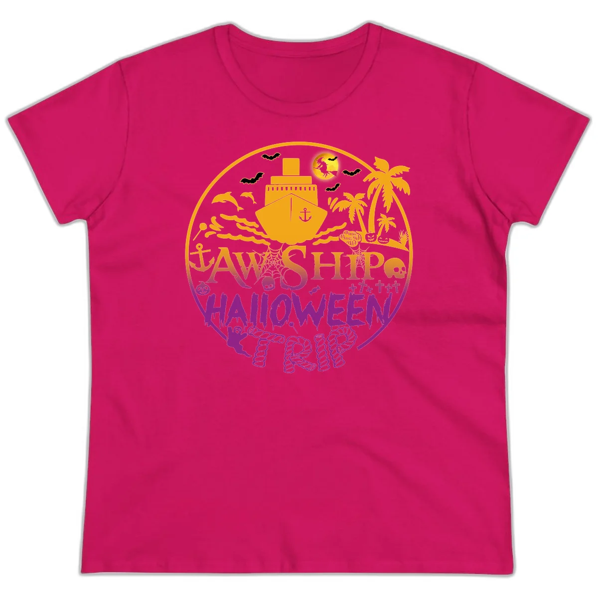 Ship Halloween Cruise Ladies Tee in Heliconia