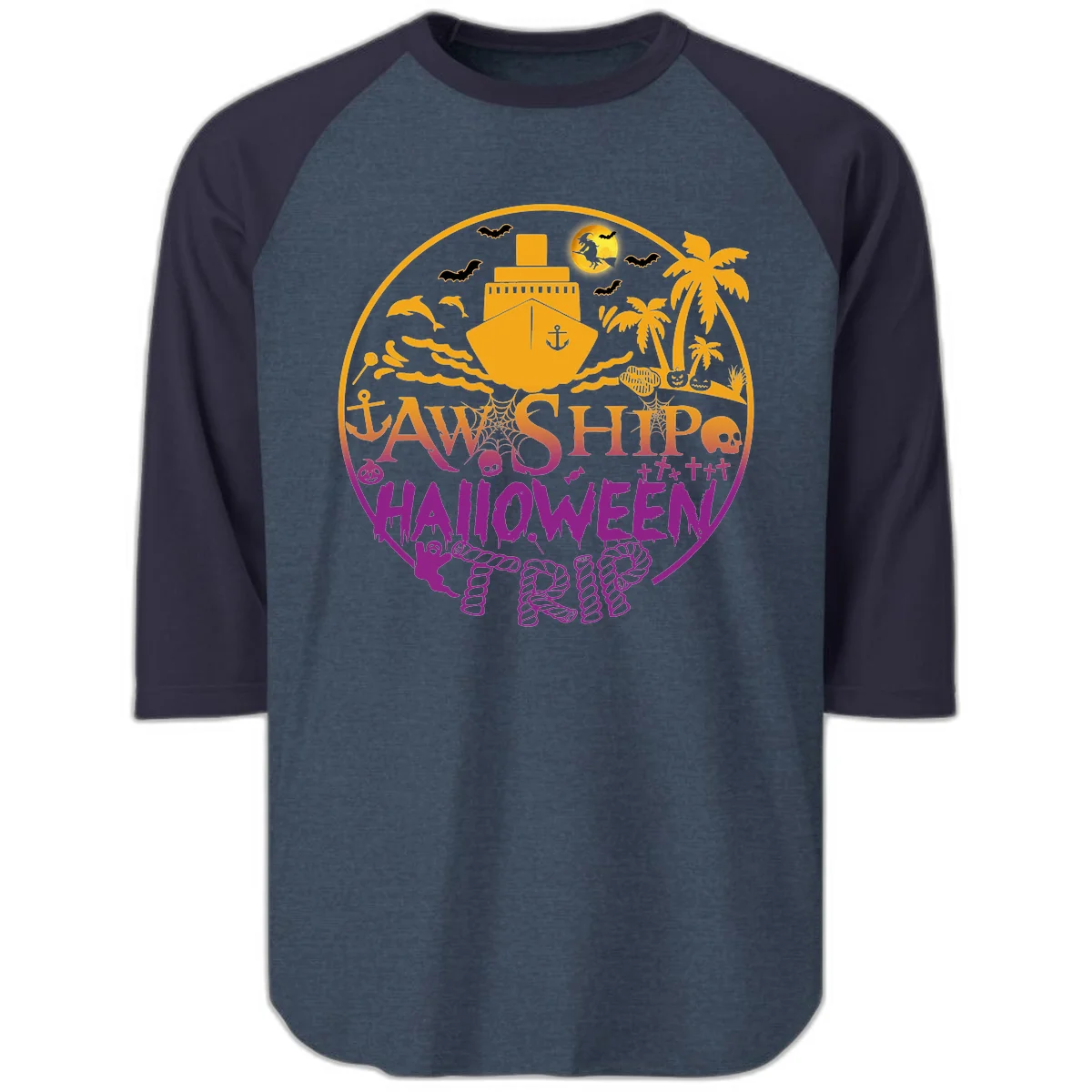 Ship Halloween Cruise Raglan 3/4 in Heather Denim Navy