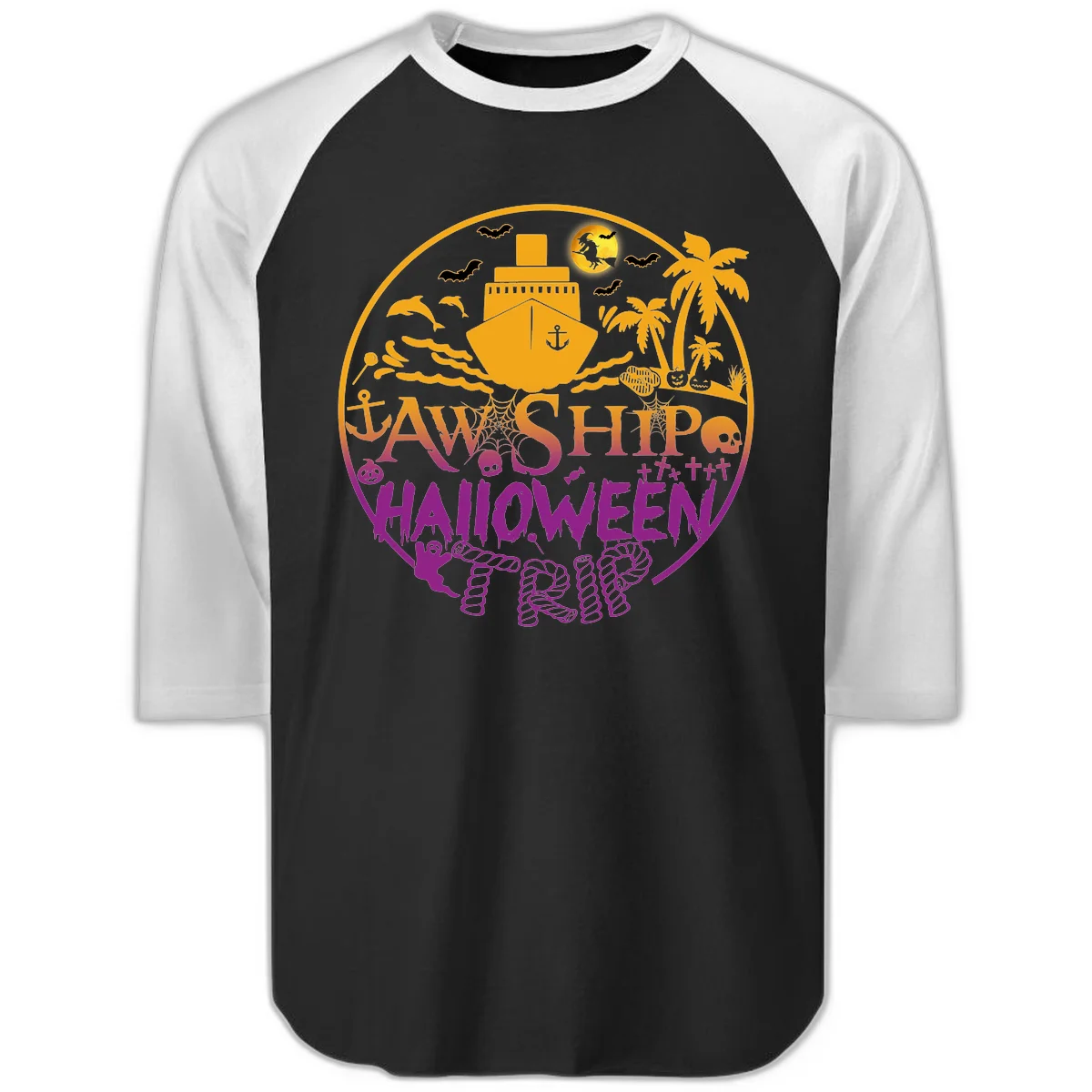 Ship Halloween Cruise Raglan 3/4 in Black White