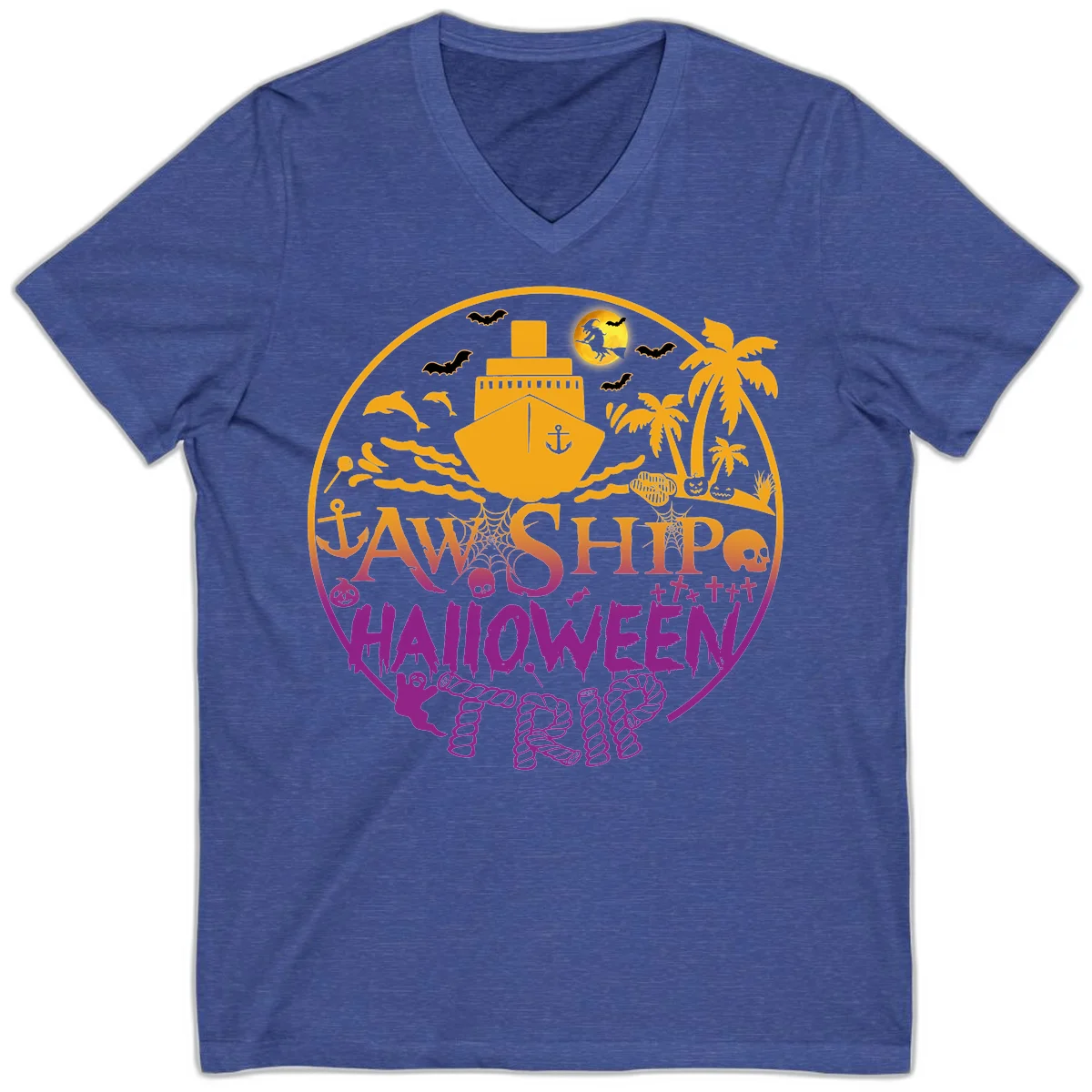 Ship Halloween Cruise V-Neck in Heather True Royal