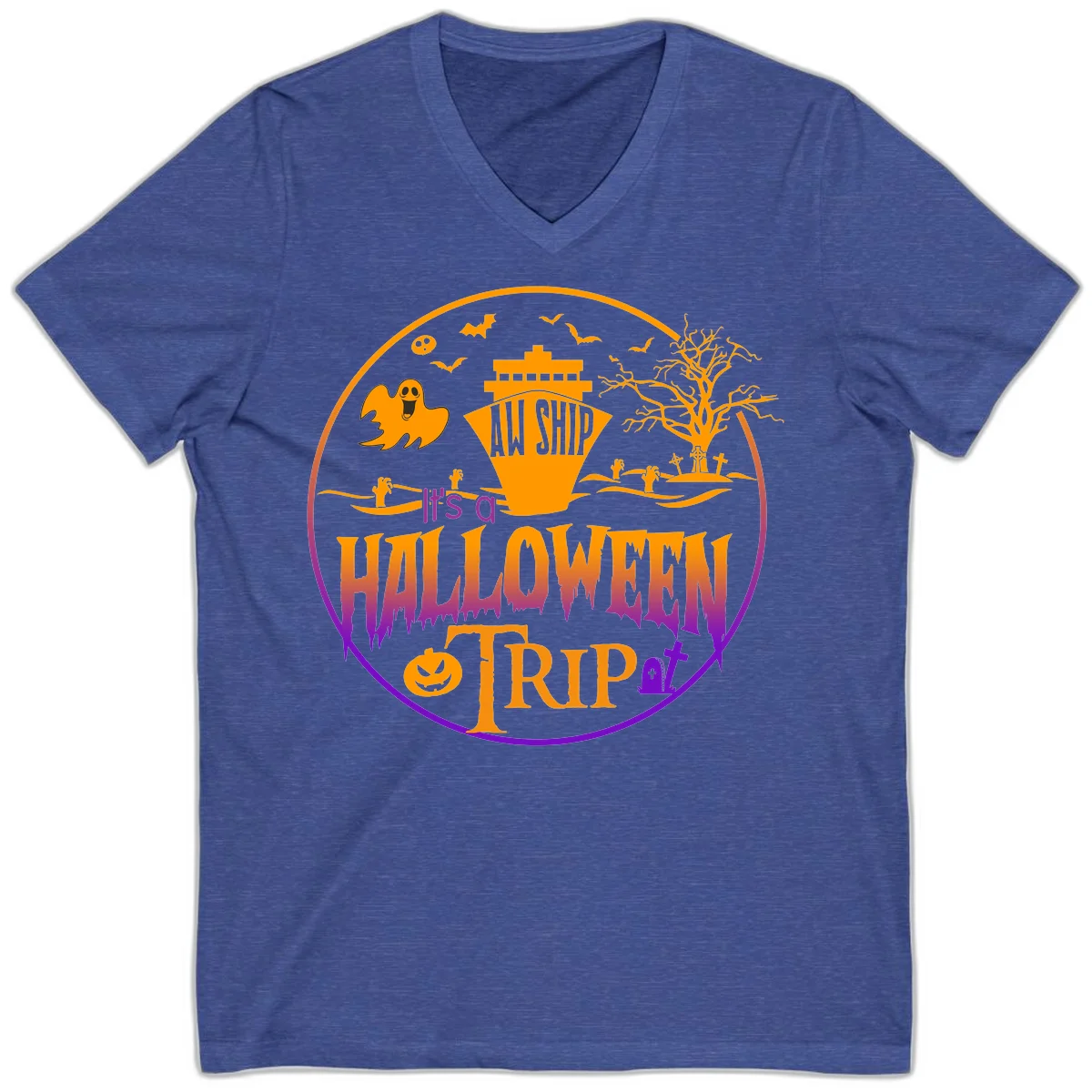 It's A Halloween Trip V-Neck in Heather True Royal
