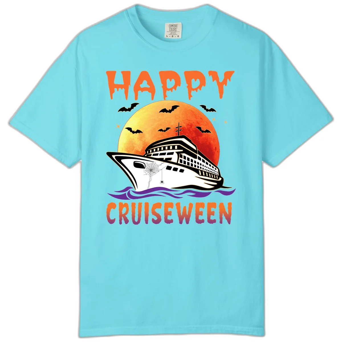 Happy Cruiseween Comfort Colors Halloween Tee in Lagoon Blue
