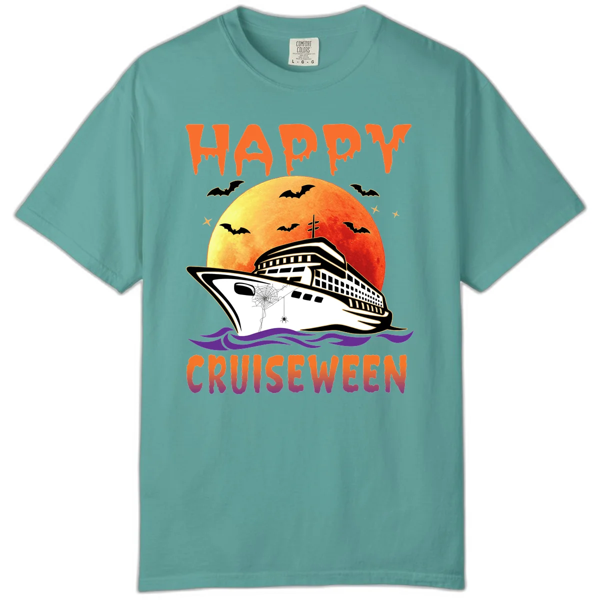 Happy Cruiseween Comfort Colors Halloween Tee in Seafoam