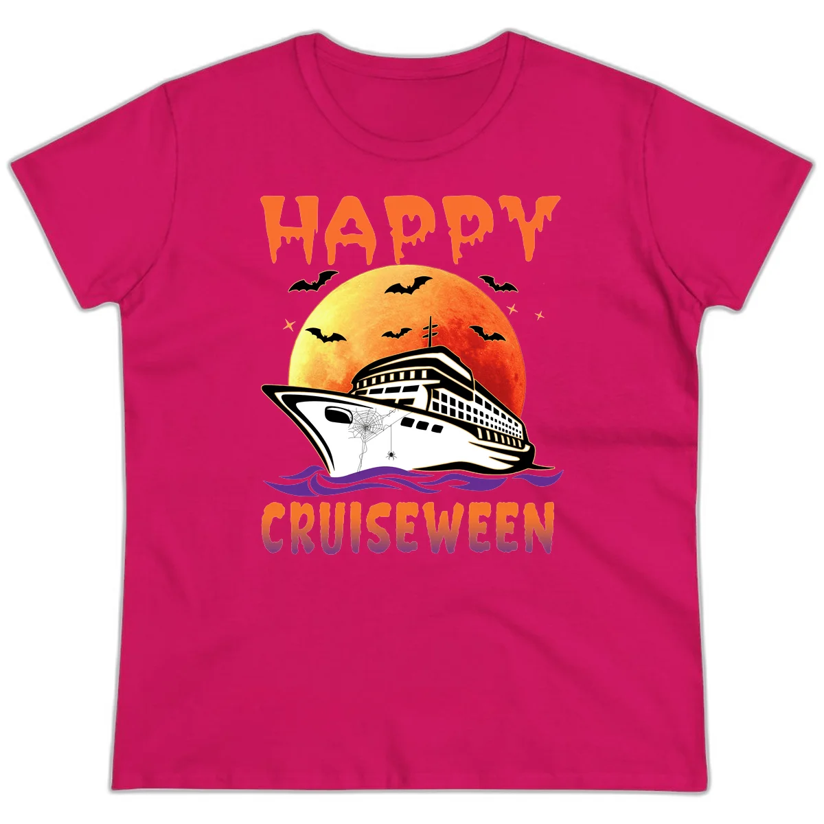 Happy Cruiseween Ladies Spooky Cruise Tee in Heliconia