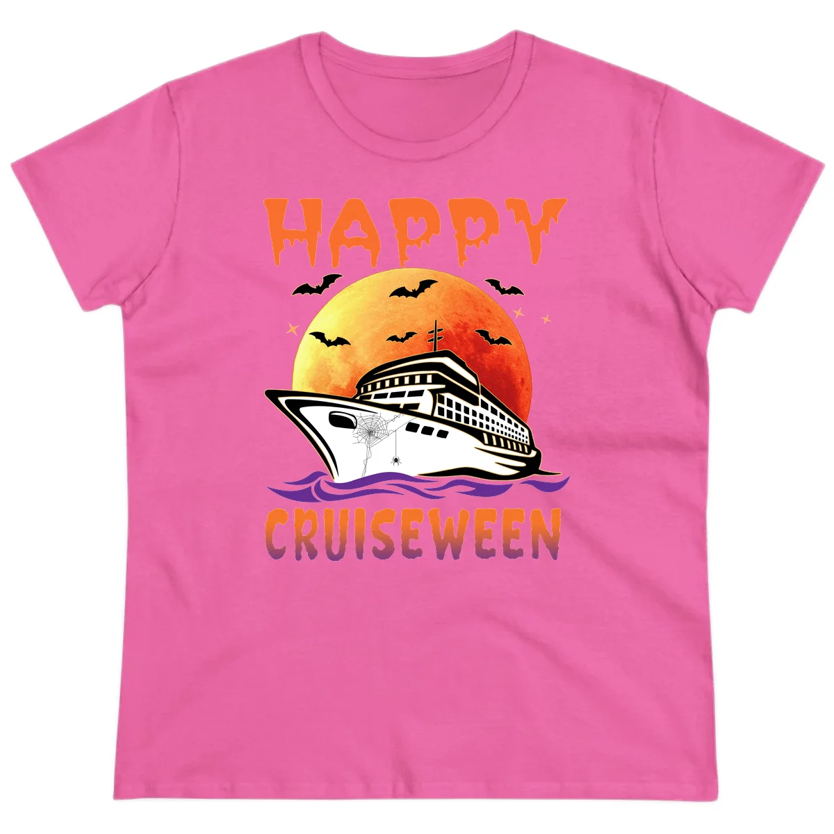 Happy Cruiseween Ladies Spooky Cruise Tee in Azalea