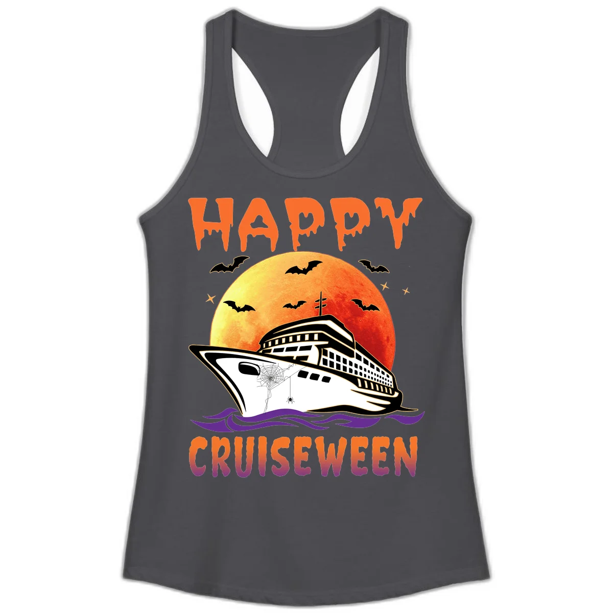 Happy Cruiseween Ladies Spooky Cruise Tank in Solid Dark Gray